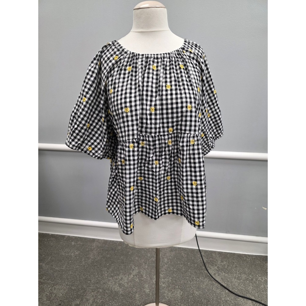 Old Navy Gingham Daisy Embroidered Babydoll Top Black White XXL Womens Blouse